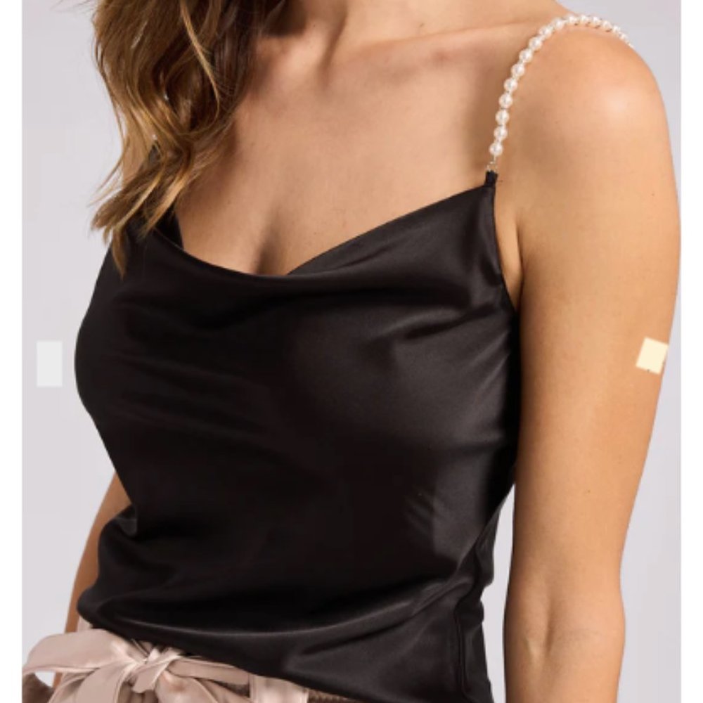 Beautiful Brand New Cowl Neck Beaded Strap WAYF Black Top